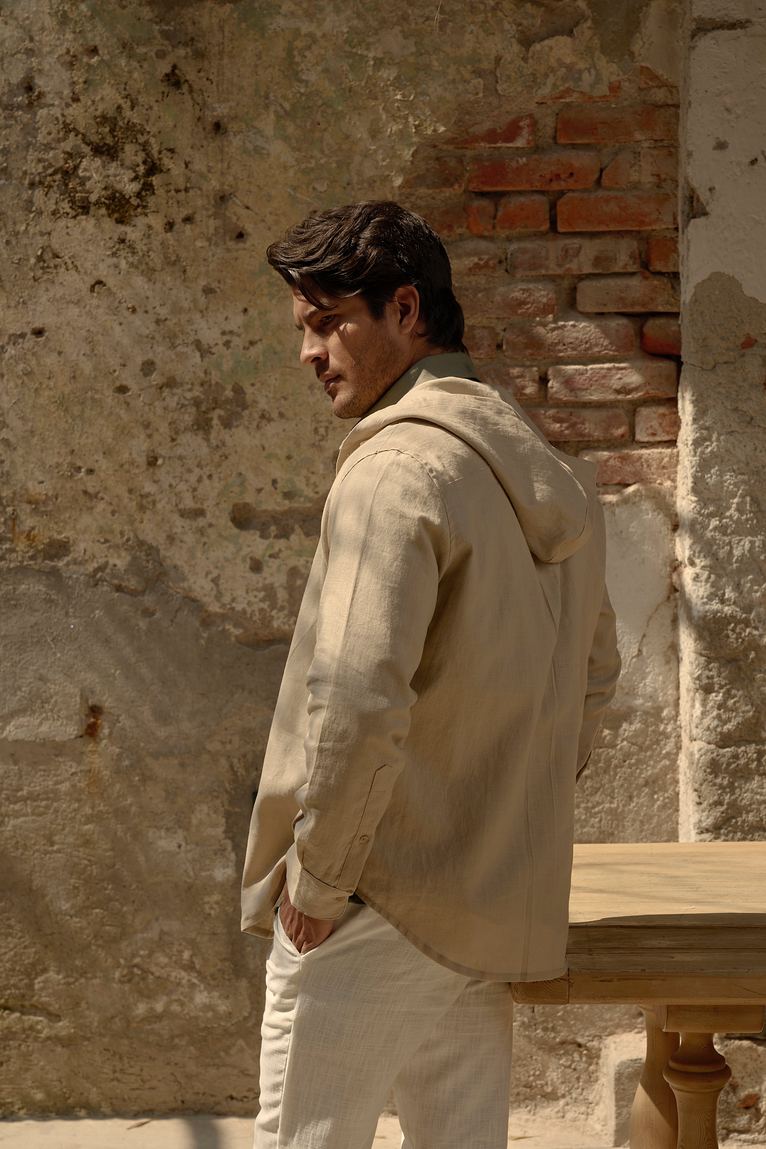 Linen Shirt with Hoodie Sand