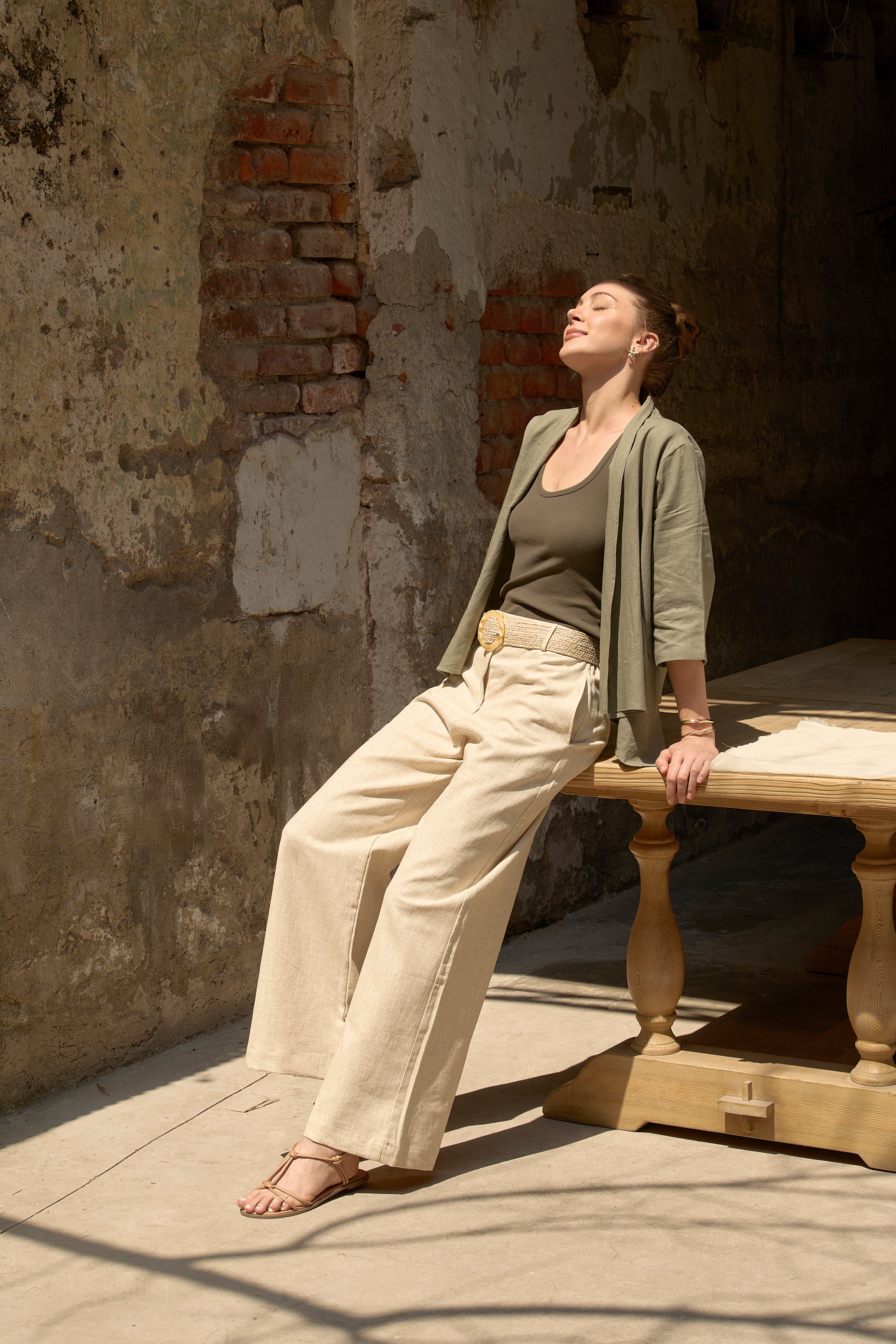 Linen Wide-Leg Trousers Sand
