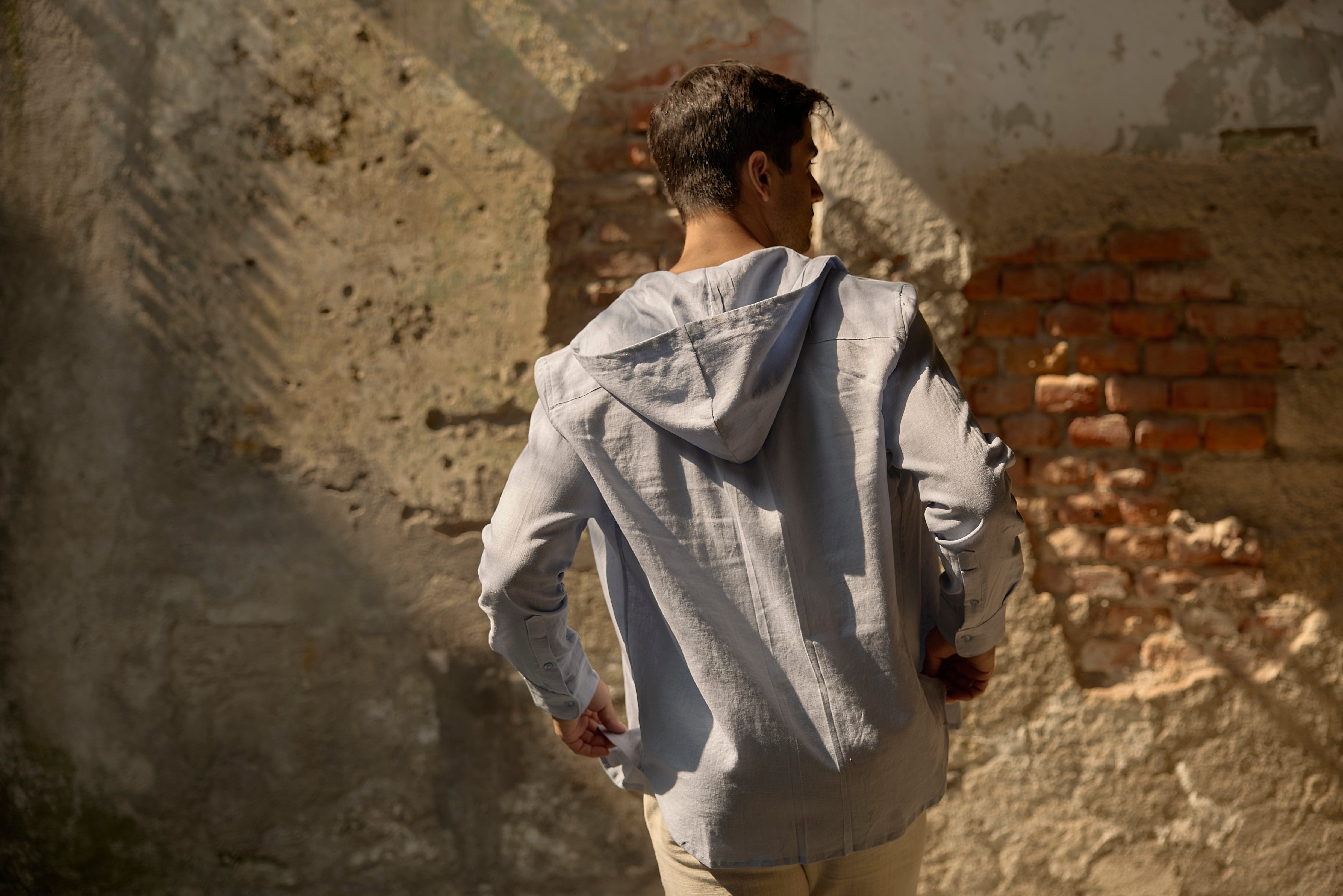 Linen Shirt with Hoodie Blue